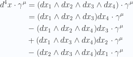 \begin{aligned}d^4 x \cdot \gamma^\mu&=( dx_1 \wedge dx_2 \wedge dx_3 \wedge dx_4 ) \cdot \gamma^\mu \\ &= ( dx_1 \wedge dx_2 \wedge dx_3 ) dx_4 \cdot \gamma^\mu \\ &-( dx_1 \wedge dx_2 \wedge dx_4 ) dx_3 \cdot \gamma^\mu \\ &+( dx_1 \wedge dx_3 \wedge dx_4 ) dx_2 \cdot \gamma^\mu \\ &-( dx_2 \wedge dx_3 \wedge dx_4 ) dx_1 \cdot \gamma^\mu \\ \end{aligned} 