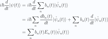 \begin{aligned}i \hbar \frac{d{{}}}{dt} {\lvert {\psi(t)} \rangle}&=i \hbar\frac{d{{}}}{dt} \sum_n b_n(t) {\lvert {\hat{\psi}_n(t)} \rangle} \\ &=i \hbar\sum_n \frac{d{{b_n(t)}}}{dt} {\lvert {\hat{\psi}_n(t)} \rangle} + \sum_n b_n(t) \frac{d{{}}}{dt} {\lvert {\hat{\psi}_n(t)} \rangle} \\ &= \sum_n b_n(t) E_n(t) {\lvert {\hat{\psi}_n(t)} \rangle} \end{aligned} 