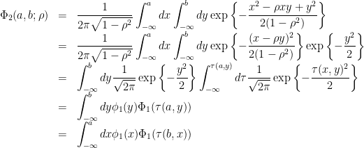 \begin{array}{lcl}\Phi_2(a,b;\rho) &=& \displaystyle\frac{1}{2\pi\sqrt{1-\rho^2}}\int_{-\infty}^adx\int_{-\infty}^bdy\exp\left\{-\frac{x^2-\rho x y + y^2}{2(1-\rho^2)}\right\}\\ &=& \displaystyle\frac{1}{2\pi\sqrt{1-\rho^2}}\int_{-\infty}^adx\int_{-\infty}^bdy\exp\left\{-\frac{(x-\rho y)^2}{2(1-\rho^2)}\right\}\exp\left\{-\frac{y^2}{2}\right\}\\ &=& \displaystyle\int_{-\infty}^bdy\frac{1}{\sqrt{2\pi}}\exp\left\{-\frac{y^2}{2}\right\} \int_{-\infty}^{\tau(a,y)}d\tau\frac{1}{\sqrt{2\pi}}\exp\left\{-\frac{\tau(x,y)^2}{2}\right\}\\ &=& \displaystyle\int_{-\infty}^bdy\phi_1(y)\Phi_1(\tau(a,y))\\ &=& \displaystyle\int_{-\infty}^adx\phi_1(x)\Phi_1(\tau(b,x))\end{array}