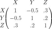 \bordermatrix{ & X & Y & Z \cr X & 1 & -0.5 & .3 \cr Y & -0.5 & 1 & .2 \cr Z & .3 & .2 & 1 } 