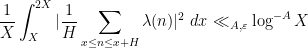 \displaystyle \frac{1}{X} \int_X^{2X} |\frac{1}{H} \sum_{x \leq n \leq x+H} \lambda(n)|^2\ dx \ll_{A,\varepsilon} \log^{-A} X