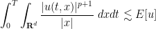 \displaystyle \int_0^T \int_{{\bf R}^d} \frac{|u(t,x)|^{p+1}}{|x|}\ dx dt \lesssim E[u] 