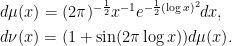 \displaystyle \setlength\arraycolsep{2pt} \begin{array}{rl} &\displaystyle d\mu(x)=(2\pi)^{-\frac12}x^{-1}e^{-\frac12(\log x)^2}dx,\smallskip\\ &\displaystyle d\nu(x)=(1+\sin(2\pi\log x))d\mu(x). \end{array} 