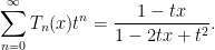 \displaystyle \sum_{n=0}^{\infty}T_n(x) t^n = \frac{1-tx}{1-2tx+t^2}.