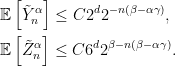 \displaystyle  \begin{aligned} &{\mathbb E}\left[\tilde Y_n^\alpha\right]\le C2^d2^{-n(\beta-\alpha\gamma)},\\ &{\mathbb E}\left[\tilde Z_n^\alpha\right]\le C6^d2^{\beta-n(\beta-\alpha\gamma)}. \end{aligned} 