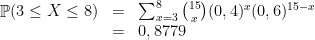\displaystyle  \begin{array}{rcl}  \mathop{\mathbb P}(3\leq X\leq 8) &=& \sum_{x=3}^8 \binom{15}x(0,4)^x(0,6)^{15-x}\\ &=& 0,8779 \end{array} 