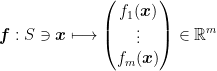 \displaystyle  \boldsymbol{f} : S\ni\boldsymbol{x} \longmapsto \begin{pmatrix} f_1(\boldsymbol{x}) \\ \vdots \\ f_m(\boldsymbol{x}) \end{pmatrix} \in \mathbb{R}^m  
