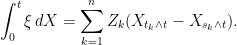 \displaystyle  \int_0^t \xi\,dX=\sum_{k=1}^nZ_k(X_{t_k\wedge t}-X_{s_{k}\wedge t}). 