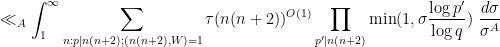 \displaystyle  \ll_A \int_1^\infty \sum_{n: p|n(n+2); (n(n+2),W)=1} \tau(n(n+2))^{O(1)} \prod_{p'|n(n+2)} \min( 1, \sigma \frac{\log p'}{\log q})\ \frac{d\sigma}{\sigma^A}
