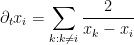 \displaystyle  \partial_t x_i = \sum_{k:k \neq i} \frac{2}{x_k - x_i}