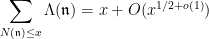 \displaystyle  \sum_{N({\mathfrak n}) \leq x} \Lambda({\mathfrak n}) = x + O( x^{1/2+o(1)} )