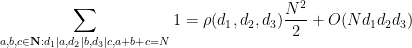 \displaystyle  \sum_{a,b,c \in {\bf N}: d_1|a, d_2|b, d_3|c, a+b+c=N} 1 = \rho(d_1,d_2,d_3) \frac{N^2}{2} + O( N d_1 d_2 d_3 )