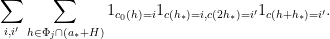\displaystyle  \sum_{i,i'} \sum_{h \in \Phi_j \cap (a_*+H)} 1_{c_0(h)=i} 1_{c(h_*)=i, c(2h_*)=i'} 1_{c(h+h_*)=i'}.