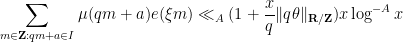 \displaystyle  \sum_{m \in {\bf Z}: qm+a \in I} \mu(qm+a) e(\xi m) \ll_A (1 + \frac{x}{q} \| q \theta \|_{{\bf R}/{\bf Z}}) x \log^{-A} x