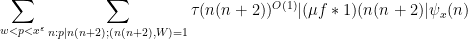 \displaystyle  \sum_{w < p < x^\varepsilon} \sum_{n: p|n(n+2); (n(n+2),W)=1} \tau(n (n+2))^{O(1)} |(\mu f * 1)(n(n+2)| \psi_x(n)