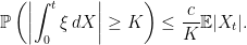 \displaystyle  {\mathbb P}\left(\left\vert\int_0^t\xi\,dX\right\vert\ge K\right)\le \frac{c}{K}{\mathbb E}\vert X_t\vert. 
