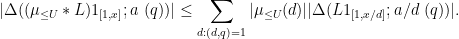 \displaystyle  |\Delta((\mu_{\leq U} * L) 1_{[1,x]}; a\ (q))| \leq \sum_{d: (d,q)=1} |\mu_{\leq U}(d)| |\Delta( L 1_{[1,x/d]}; a/d\ (q) )|.