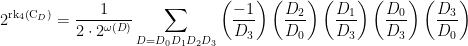 \displaystyle 2^{\mathrm{rk}_{4}\left(\mathrm{C}_{D}\right)}=\frac{1}{2 \cdot 2^{\omega(D)}} \sum_{D=D_{0} D_{1} D_{2} D_{3}}\left(\frac{-1}{D_{3}}\right)\left(\frac{D_{2}}{D_{0}}\right)\left(\frac{D_{1}}{D_{3}}\right)\left(\frac{D_{0}}{D_{3}}\right)\left(\frac{D_{3}}{D_{0}}\right) 