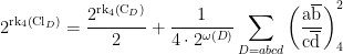 \displaystyle 2^{\mathrm{rk}_{4}\left(\mathrm{Cl}_{D}\right)}=\frac{2^{\mathrm{rk}_{4}\left(\mathrm{C}_{D}\right)}}{2}+\frac{1}{4 \cdot 2^{\omega(D)}} \sum_{D=a b c d}\left(\frac{\mathrm{a} \overline{\mathrm{b}}}{\mathrm{c} \overline{\mathrm{d}}}\right)_{4}^{2} 