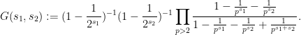 \displaystyle G(s_1,s_2) := (1-\frac{1}{2^{s_1}})^{-1} (1-\frac{1}{2^{s_2}})^{-1} \prod_{p>2} \frac{ 1 - \frac{1}{p^{s_1}} - \frac{1}{p^{s_2}} }{ 1 - \frac{1}{p^{s_1}} - \frac{1}{p^{s_2}} + \frac{1}{p^{s_1+s_2}} }.