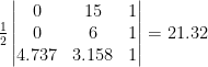 \frac{1}{2} \begin{vmatrix} 0 &15 &1\\  0 &6 &1\\  4.737 &3.158 &1  \end{vmatrix} =21.32