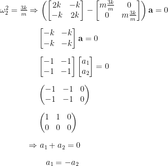 \omega_2^2=\frac{3k}{m} \Rightarrow \left(\begin{bmatrix}2k & -k \\ -k & 2k\end{bmatrix}-\begin{bmatrix}m\frac{3k}{m} & 0 \\ 0 & m \frac{3k}{m}\end{bmatrix}\right)\mathbf{a}=0 \\[10pt]  \phantom{\omega_1^2=\frac{k}{m} \Rightarrow} \begin{bmatrix}-k & -k \\ -k & -k\end{bmatrix}\mathbf{a} =0 \\[10pt]  \phantom{\omega_1^2=\frac{k}{m} \Rightarrow}\begin{bmatrix}-1 & -1 \\ -1 & -1\end{bmatrix}\begin{bmatrix}a_1 \\ a_2 \end{bmatrix}=0 \\[10pt]  \phantom{\omega_1^2=\frac{k}{m} \Rightarrow}\begin{pmatrix}-1 & -1 & 0 \\ -1 & -1 & 0\end{pmatrix} \\[10pt]  \phantom{\omega_1^2=\frac{k}{m} \Rightarrow}\begin{pmatrix} 1 & 1 & 0 \\ 0 & 0 & 0 \end{pmatrix} \\[10pt]  \phantom{\omega_1^2=\frac{k}{m}}\Rightarrow a_1 + a_2 = 0 \\[10pt]  \phantom{\omega_1^2=\frac{k}{m} \Rightarrow}\phantom{\Rightarrow} a_1 = -a_2