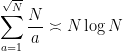 {\displaystyle \sum_{a=1}^{\sqrt N} \frac{N}{a} \asymp N\log N}