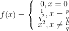 f(x) =\left\{ \begin{array}{c} 0, x = 0 \\ \frac{1}{q^2}, x = \frac{p}{q} \\ x^2, x \ne \frac{p}{q}  \end{array}\right. 