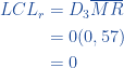 \begin{aligned}  {LCL}_r &= D_{3}\overline{MR} \\ &= 0(0,57)  \\ &=0  \end{aligned}  