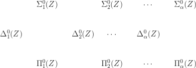 \begin{matrix} & & \Sigma_1^0(Z) & & &  \Sigma_2^0(Z) &  & \cdots & & \Sigma_{\alpha}^0(Z) \\ \\ \\ \Delta_1^0(Z) & & & &\Delta_2^0(Z)   & \cdots & & \Delta_{\alpha}^0(Z)\\ \\ \\ & & \Pi_1^0(Z) & & &  \Pi_2^0(Z)  & & \cdots & & \Pi_{\alpha}^0(Z)  \end{matrix}
