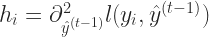 h_i = \partial_{\hat{y}^{(t - 1)}}^2 l (y_i, \hat{y}^{(t - 1)})