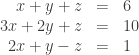 \begin{array}{rcl} x + y + z &=& 6 \\ 3x + 2y + z &=& 10 \\ 2x+y-z &=& 1 \end{array}