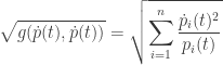 \displaystyle{ \sqrt{g(\dot{p}(t), \dot{p}(t))} = \sqrt{\sum_{i=1}^n \frac{\dot{p}_i(t)^2}{p_i(t)}} } 