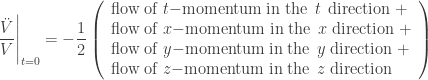 \displaystyle{  \left.{\ddot V\over V} \right|_{t = 0} = -{1\over 2} \left( \begin{array}{l} {\rm flow \; of \;} t{\rm -momentum \; in \; the \;\,} t {\rm \,\; direction \;} + \\ {\rm flow \; of \;} x{\rm -momentum \; in \; the \;\,} x {\rm \; direction \;} + \\ {\rm flow \; of \;} y{\rm -momentum \; in \; the \;\,} y {\rm \; direction \;} + \\ {\rm flow \; of \;} z{\rm -momentum \; in \; the \;\,} z {\rm \; direction} \end{array} \right) } 