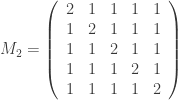 \displaystyle{ M_2 =  \left(\begin{array}{ccccc}  2 & 1 & 1 & 1 & 1 \\  1 & 2 & 1 & 1 & 1 \\  1 & 1 & 2 & 1 & 1 \\  1 & 1 & 1 & 2 & 1 \\  1 & 1 & 1 & 1 & 2 \end{array}\right)}