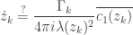 \displaystyle \dot{z}_k\stackrel{?}{=}\frac{\Gamma_k}{4\pi i\lambda(z_k)^2}\overline{c_1(z_k)}