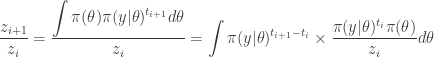 \displaystyle \frac{z_{i+1}}{z_i} = \frac{\displaystyle \int \pi(\theta)\pi(y|\theta)^{t_{i+1}}d\theta}{z_i} = \int \pi(y|\theta)^{t_{i+1}-t_i}\times \frac{\pi(y|\theta)^{t_i}\pi(\theta)}{z_i}d\theta