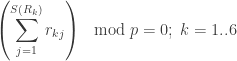 \displaystyle \left(\sum_{j=1}^{S(R_k)} r_{kj} \right) \mod p =0; \; k=1..6