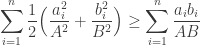 \displaystyle \sum_{i=1}^n\frac{1}{2} \Big(\frac{a_i^2}{A^2} + \frac{b_i^2}{B^2}\Big) \geq \sum_{i=1}^n \frac{a_ib_i}{AB}
