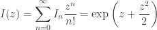 \displaystyle I(z) = \sum_{n=0}^{\infty} I_n \frac{z^n}{n!} = \exp \left( z + \frac{z^2}{2} \right)