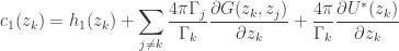 \displaystyle c_1(z_k)=h_1(z_k)+\sum_{j\neq k}\frac{4\pi\Gamma_j}{\Gamma_k}\frac{\partial G(z_k,z_j)}{\partial z_k}+\frac{4\pi}{\Gamma_k}\frac{\partial U^*(z_k)}{\partial z_k}