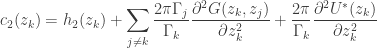 \displaystyle c_2(z_k)=h_2(z_k)+\sum_{j\neq k}\frac{2\pi\Gamma_j}{\Gamma_k}\frac{\partial^2 G(z_k,z_j)}{\partial z_k^2}+\frac{2\pi}{\Gamma_k}\frac{\partial^2 U^*(z_k)}{\partial z_k^2}