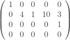 \left ( \begin{array}{ccccc} 1 & 0 & 0 & 0 & 0 \\ 0 & 4 & 1 & 10 & 3 \\ 0 & 0 & 0 & 0 & 1 \\ 0 & 0 & 0 & 0 & 0 \\ \end{array} \right ) 