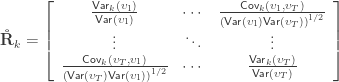 \mathbf{\mathring{R}}_k = \left[ \begin{array}{ccc} \frac{\mathsf{Var}_k(\upsilon_1)}{\mathsf{Var}(\upsilon_1)} & \cdots & \frac{\mathsf{Cov}_k(\upsilon_1,\upsilon_T)}{\left(\mathsf{Var}(\upsilon_1)\mathsf{Var}(\upsilon_T)\right)^{1/2}} \\ \vdots & \ddots & \vdots \\ \frac{\mathsf{Cov}_k(\upsilon_T,\upsilon_1)}{\left(\mathsf{Var}(\upsilon_T)\mathsf{Var}(\upsilon_1)\right)^{1/2}} & \cdots & \frac{\mathsf{Var}_k(\upsilon_T)}{\mathsf{Var}(\upsilon_T)} \end{array}\right]
