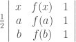 {1 \over 2} \left|\begin{array}{ccc}  x & f(x) & 1  \\  a  & f(a) & 1 \\ b & f(b)  & 1  \end{array}\right|