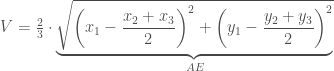 V = \frac{2}{3}\cdot \underbrace{\sqrt{\left(x_1-\frac{x_2+x_3}{2}\right)^2+\left(y_1-\frac{y_2+y_3}{2}\right)^2}}_{AE}