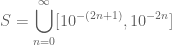 \displaystyle S=\bigcup_{n=0}^{\infty} [10^{-(2n+1)},10^{-2n}]