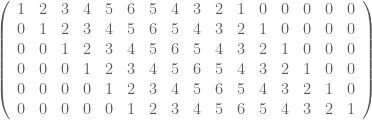 \left( \begin{array}{cccccccccccccccc} 1&2&3&4&5&6&5&4&3&2&1&0&0&0&0&0\\ 0&1&2&3&4&5&6&5&4&3&2&1&0&0&0&0\\ 0&0&1&2&3&4&5&6&5&4&3&2&1&0&0&0\\ 0&0&0&1&2&3&4&5&6&5&4&3&2&1&0&0\\ 0&0&0&0&1&2&3&4&5&6&5&4&3&2&1&0\\ 0&0&0&0&0&1&2&3&4&5&6&5&4&3&2&1\\ \end{array}\right)