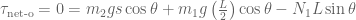 \tau_\text{net-o} = 0 = m_2gs\cos\theta +m_1g\left(\frac{L}{2}\right)\cos\theta - N_1 L\sin\theta