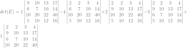 det(E) = 1\begin{vmatrix} 9&10&13&17\\ 6&7&10&14\\ 10&20&22&40\\ 5&10&12&16 \end{vmatrix} -4\begin{vmatrix} 2&2&3&4\\ 6&7&10&14\\ 10&20&22&40\\ 5&10&12&16 \end{vmatrix} + 2\begin{vmatrix} 2&2&3&4\\ 9&10&13&17\\ 10&20&22&40\\ 5&10&12&16 \end{vmatrix} -3\begin{vmatrix} 2&2&3&4\\ 9&10&13&17\\ 6&7&10&14\\ 5&10&12&16 \end{vmatrix} + 1\begin{vmatrix} 2&2&3&4\\ 9&10&13&17\\ 6&7&10&14\\ 10&20&22&40\\ \end{vmatrix}